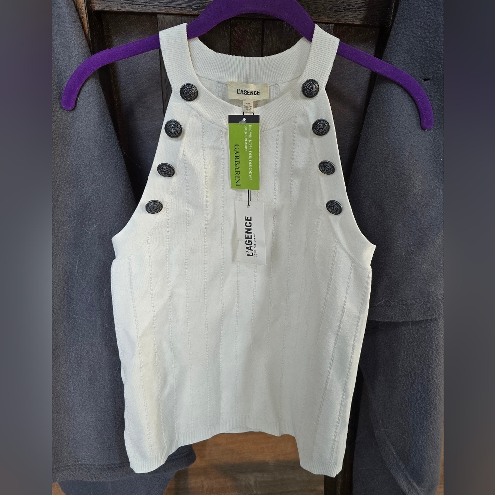 L'AGENCE White Knit Tank with Decorative Buttons